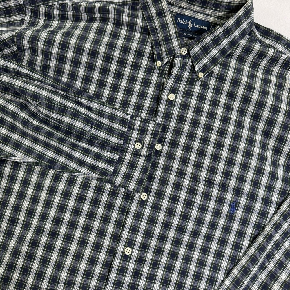 Polo Ralph Lauren Button Down Shirt Mens 2XLT Navy Blue Plaid Two-Ply Cotton